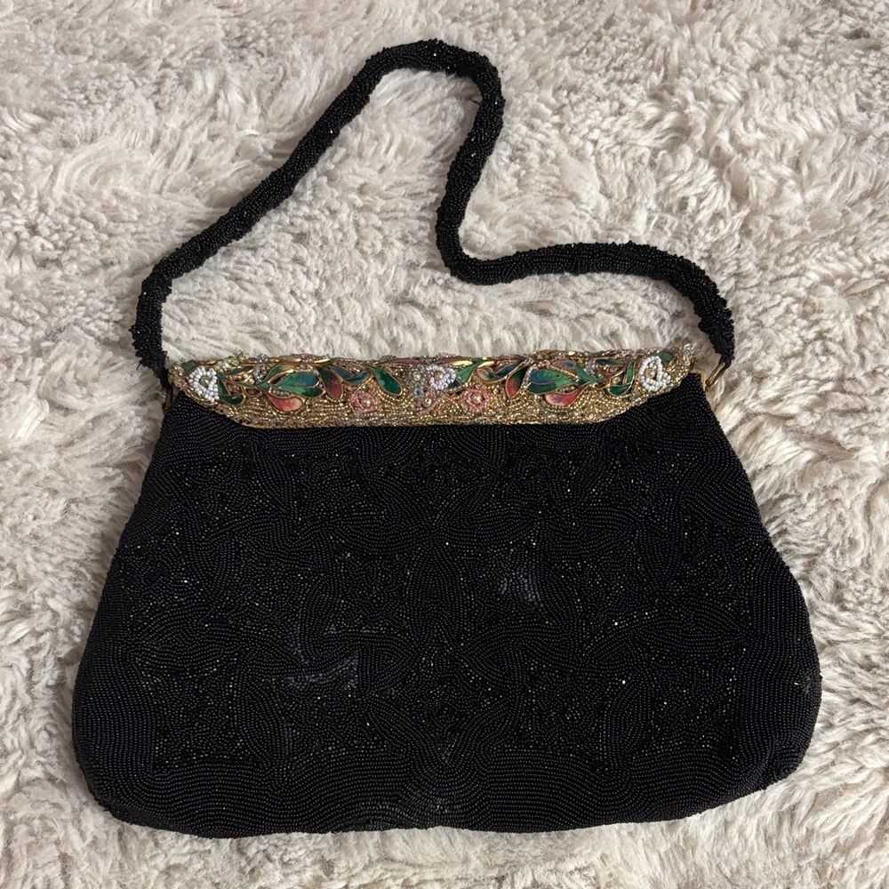Elegant Black Beaded Women's Bag antique 1920s French hand purse